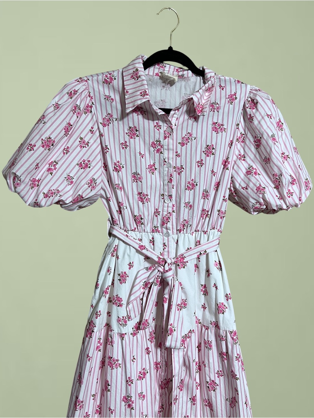 Pink & White Floral Tiered Cotton Puff Sleeve Dress Sz Medium - Picture 6 of 12